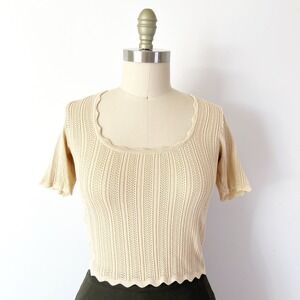 Find Me Now Pointelle Knit Top Beige Scalloped Short Sleeve Scoop Neck S
